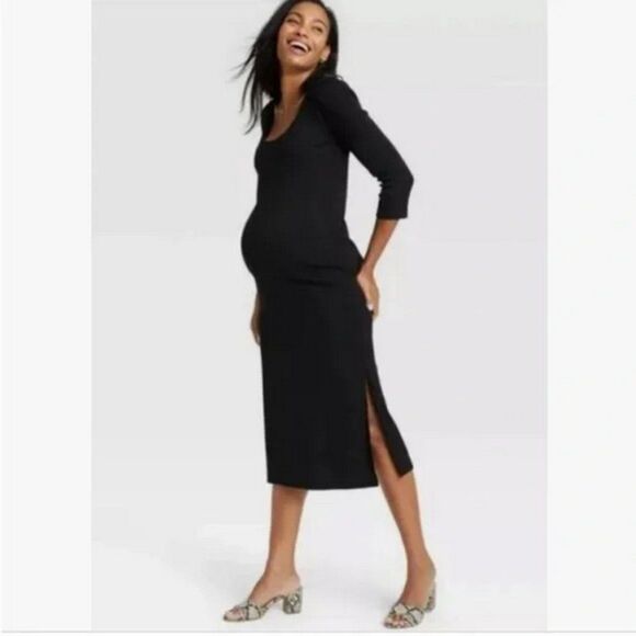The Nines By Hatch Maternity Ribbed Slit Long Sleeve Midi Dress in Black - Picture 1 of 5